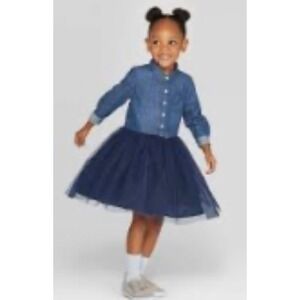 OshKosh B'gosh Chambray Denim Tulle Dress Blue‎ Size 7 Girl Long Sleeve
